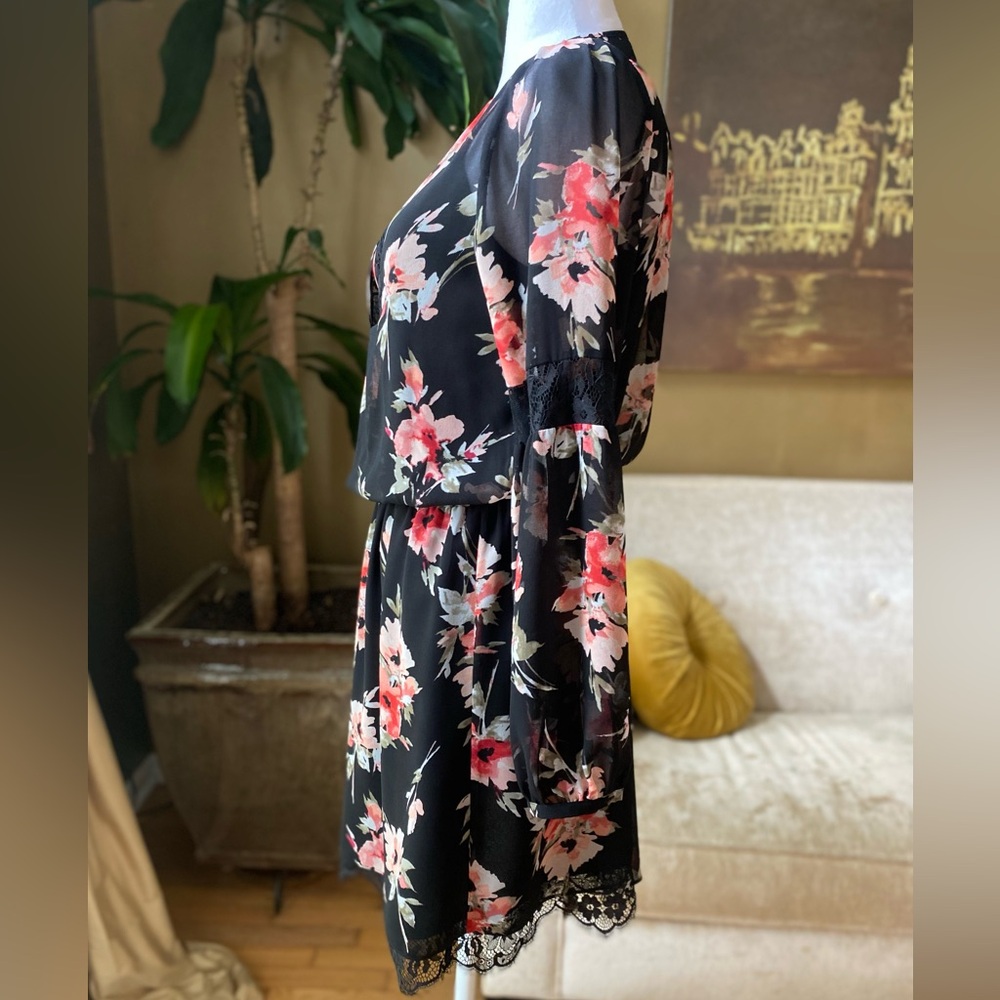 {WHBM}. Floral Black & Pink Chiffon Dress. - Picture 4 of 15